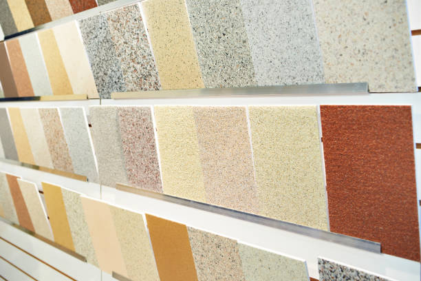 Decorative polymer tiles at the stand of a household goods store